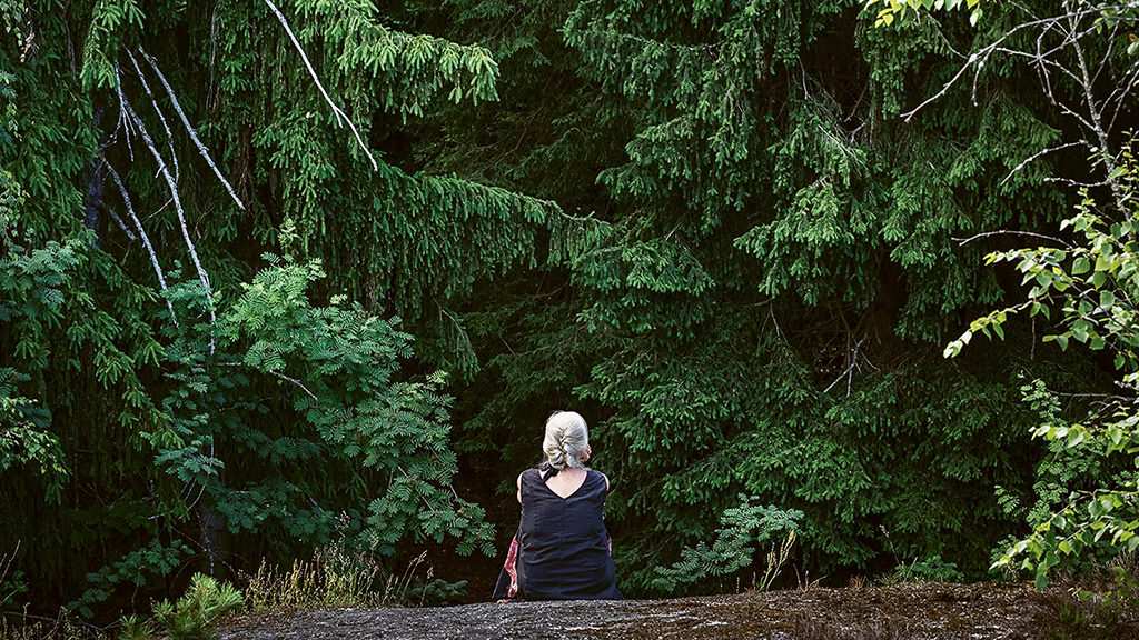 Metsäinen Matokallio, jossa nainen istuu kalliolla selkä katsojaan päin.